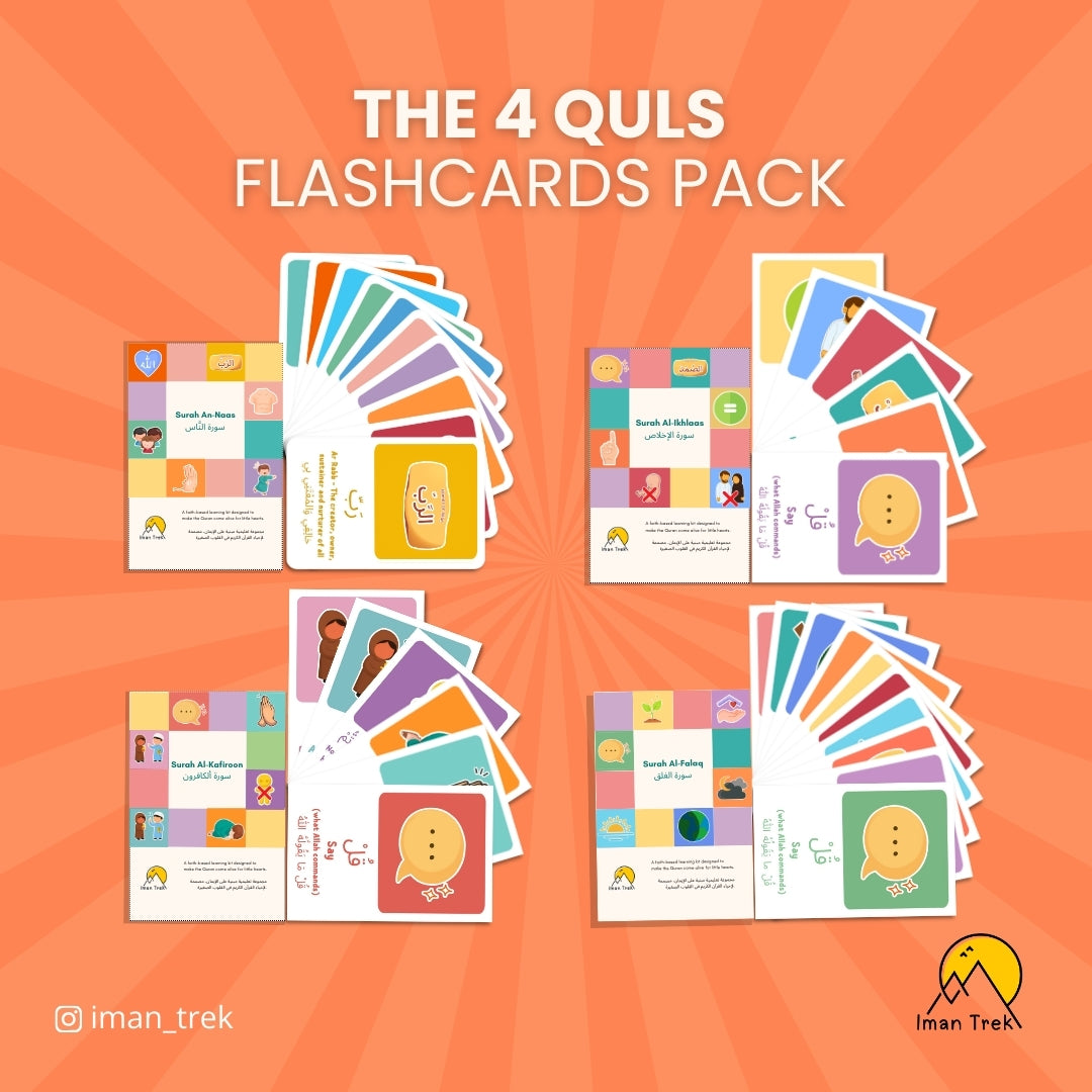 The 4 Quls: 32 Word-To-Word Flashcards Pack for Kids (English & Arabic)