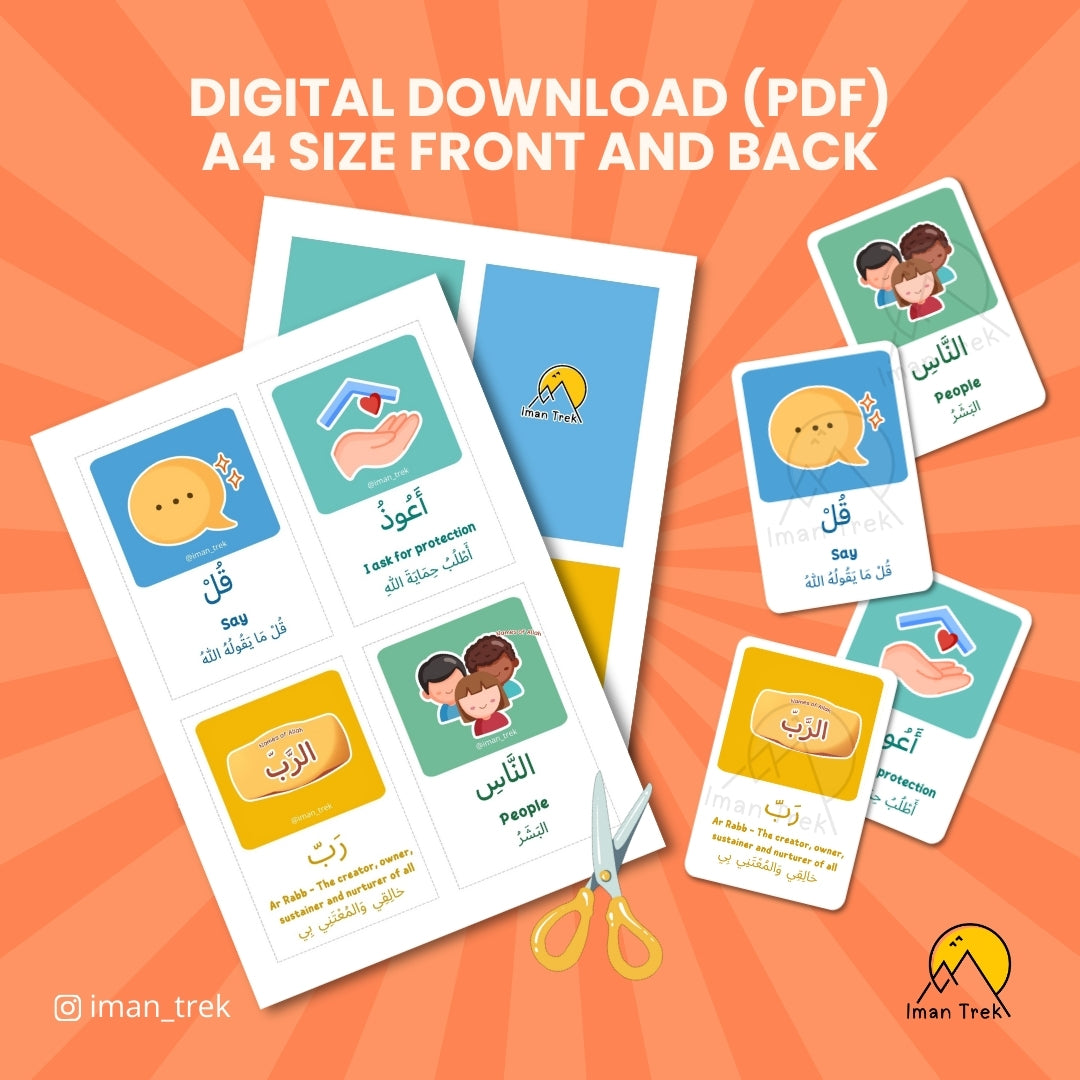 The 4 Quls: 32 Word-To-Word Flashcards Pack for Kids (English & Arabic)