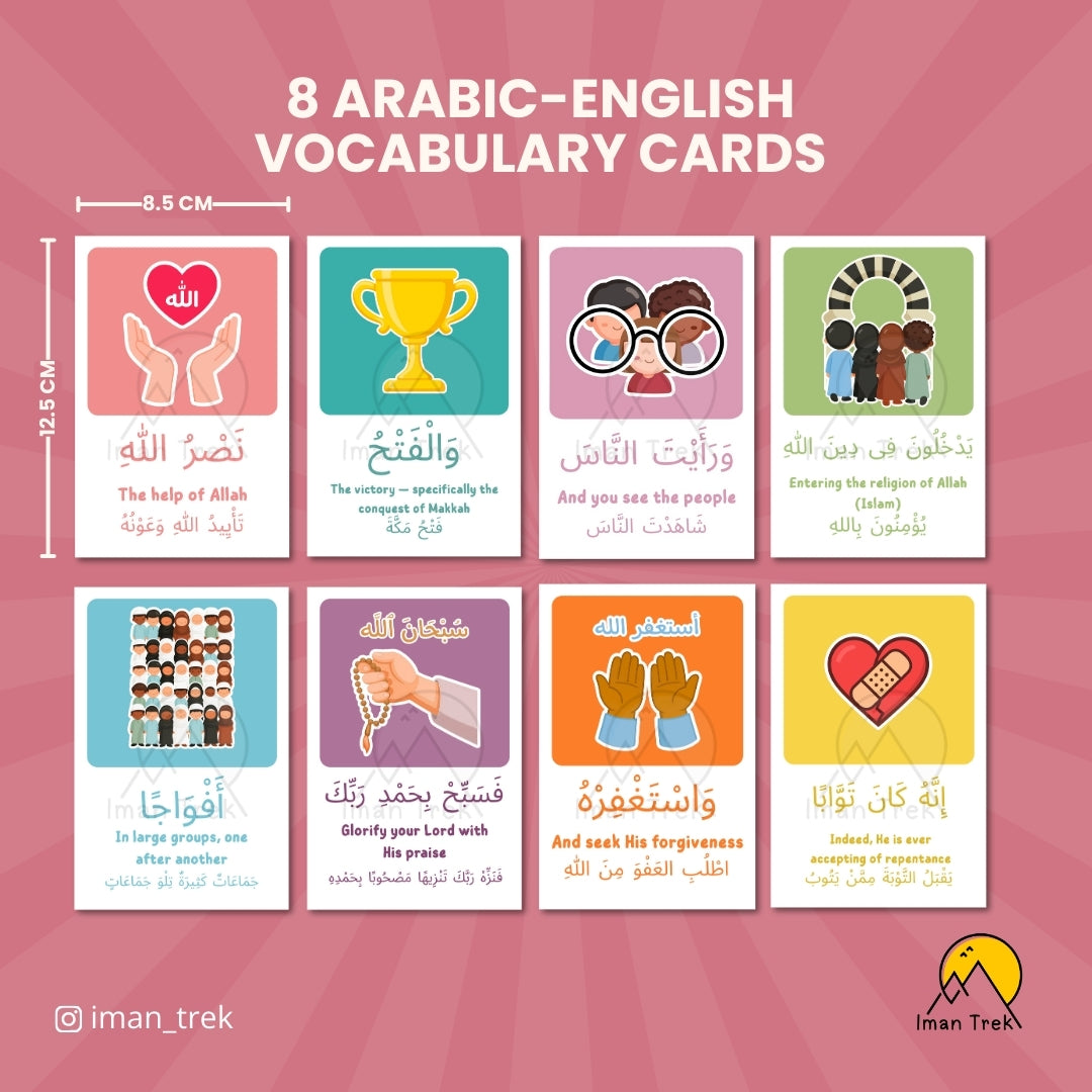 Surah An-Nasr: 8 Word-To-Word Flashcards for Kids (English & Arabic)