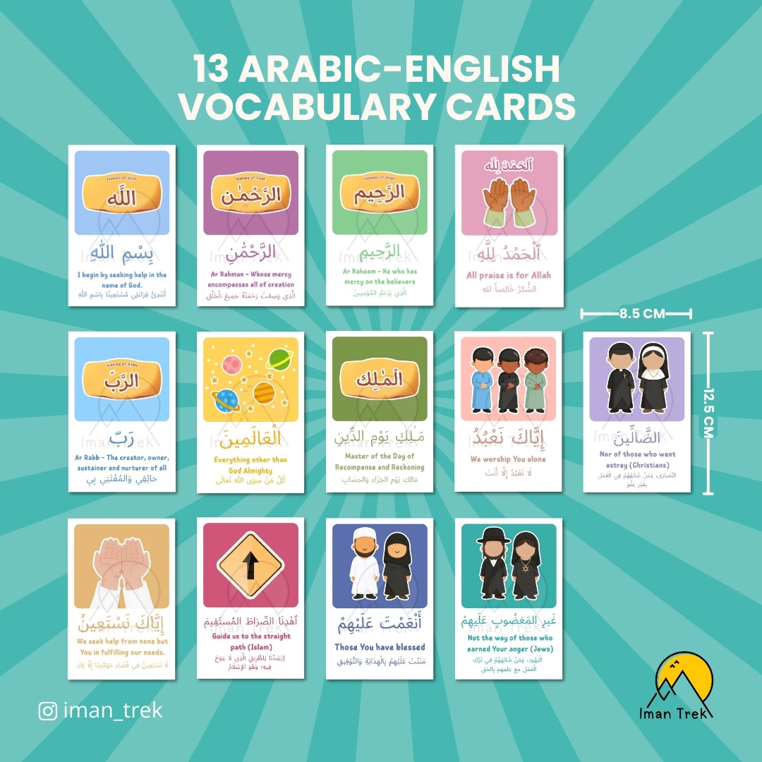 Surah Al-Fatihah: 13 Word-To-Word Flashcards for Kids (English & Arabic)