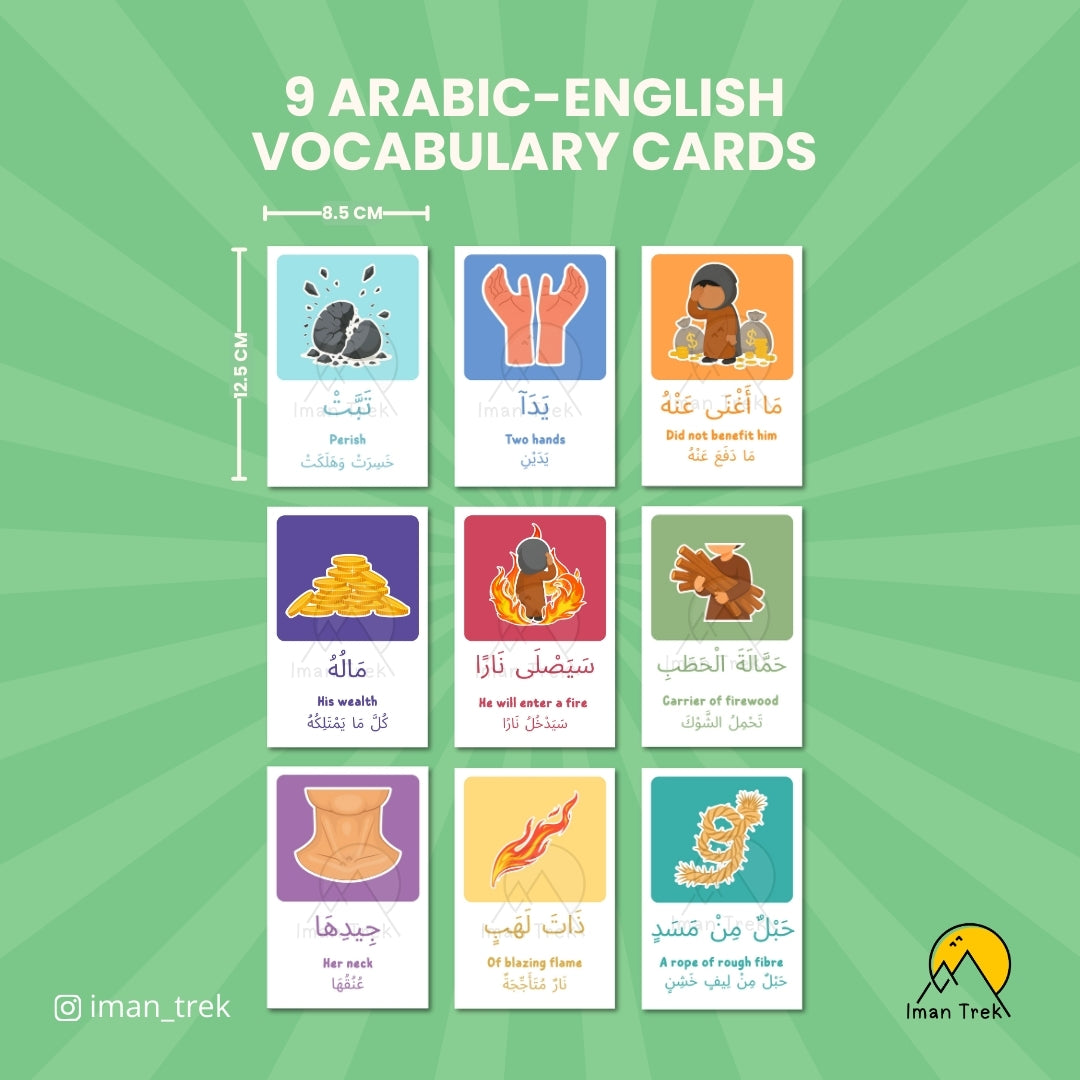 Surah Al-Masad: 9 Word-To-Word Flashcards for Kids (English & Arabic)